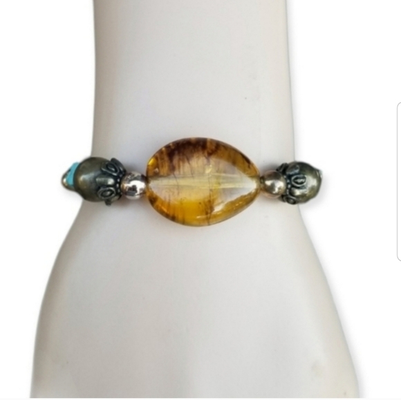 VINTAGE ORNATE SILVERTONED BEADED WITH GENUINE TURQUOISE & AMBER BRACELET - Picture 1 of 5